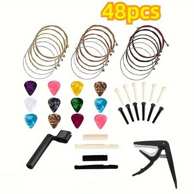 TEMU Complete 48pcs Acoustic Guitar Accessory Kit With Strings, Winder, Capo, Pins & Picks - Assorted Colors
