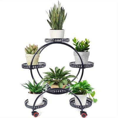 TEMU Elegant 6-tier Black Metal Plant Stand With Wheels - Indoor/outdoor Flower Staircase, Retro Design For Garden, Balcony, Office Decor, Metal Garden Decor Image