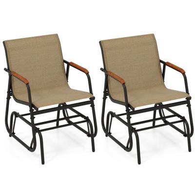 Costway Patio Glider Chair Set of 2 with Curved Teak Armrests and Breathable Fabric Seat-Brown