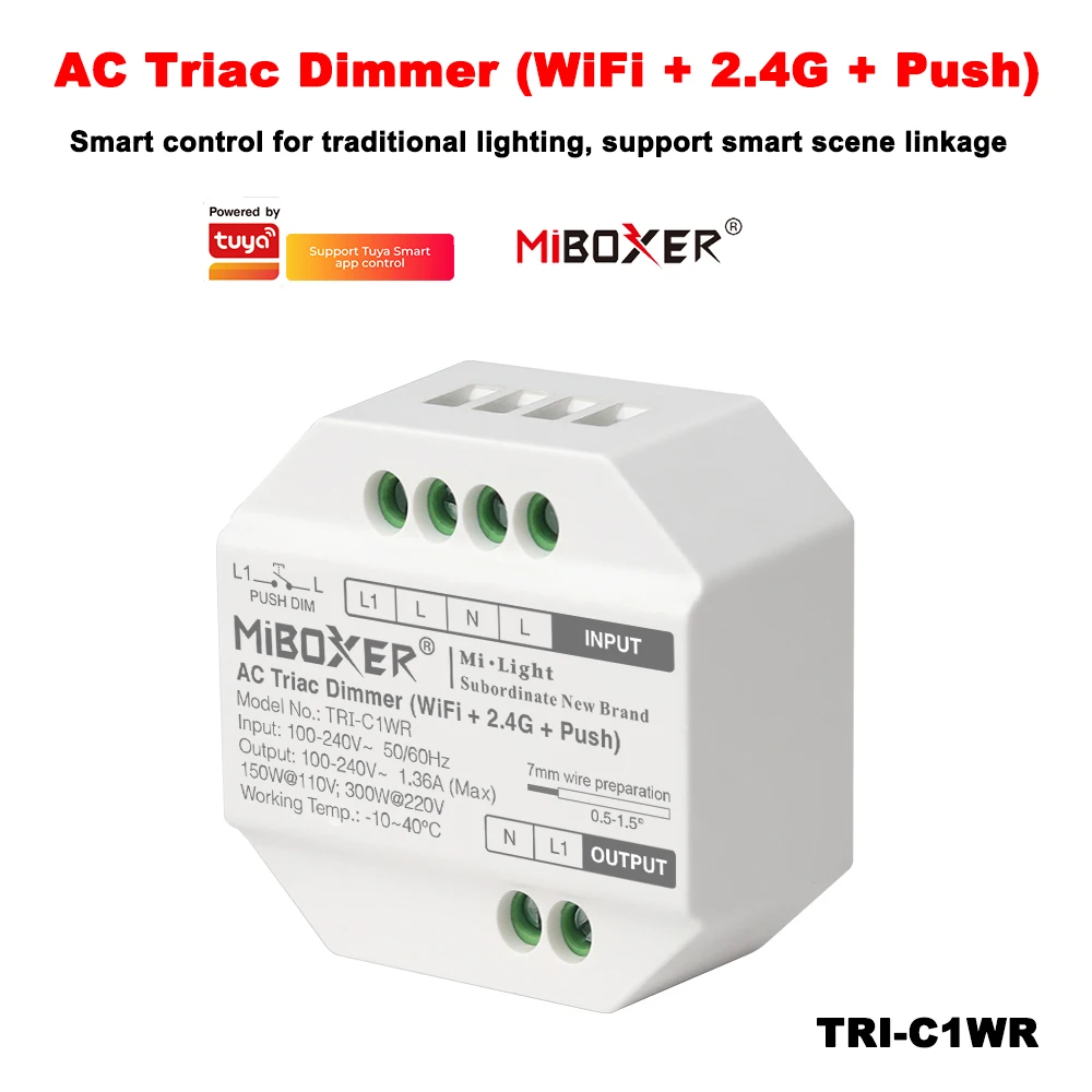 Miboxer TRI-C1WR 110V-220V Smart Tuya Wireless WIFI+2,4GHz RF+Push Dim für traditionelle dimmbare Glühlampe/Halogen/Triac Image