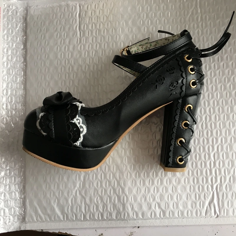 SIMLOVEYO Sommer 2025 Damen 2,5 Plattform Niedliche Schleife Spitze Prinzessin Lolita Schuhe Party 10 cm High Heel Schnalle Große größe 43
