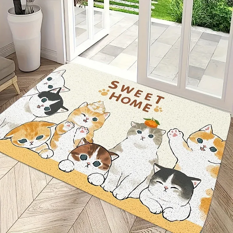 Charming Orange Cat Welcome Mat Doormat Living Room Bedroom Kitchen Mat Polyester Easy Care Home Decor Rug Soft Carpet