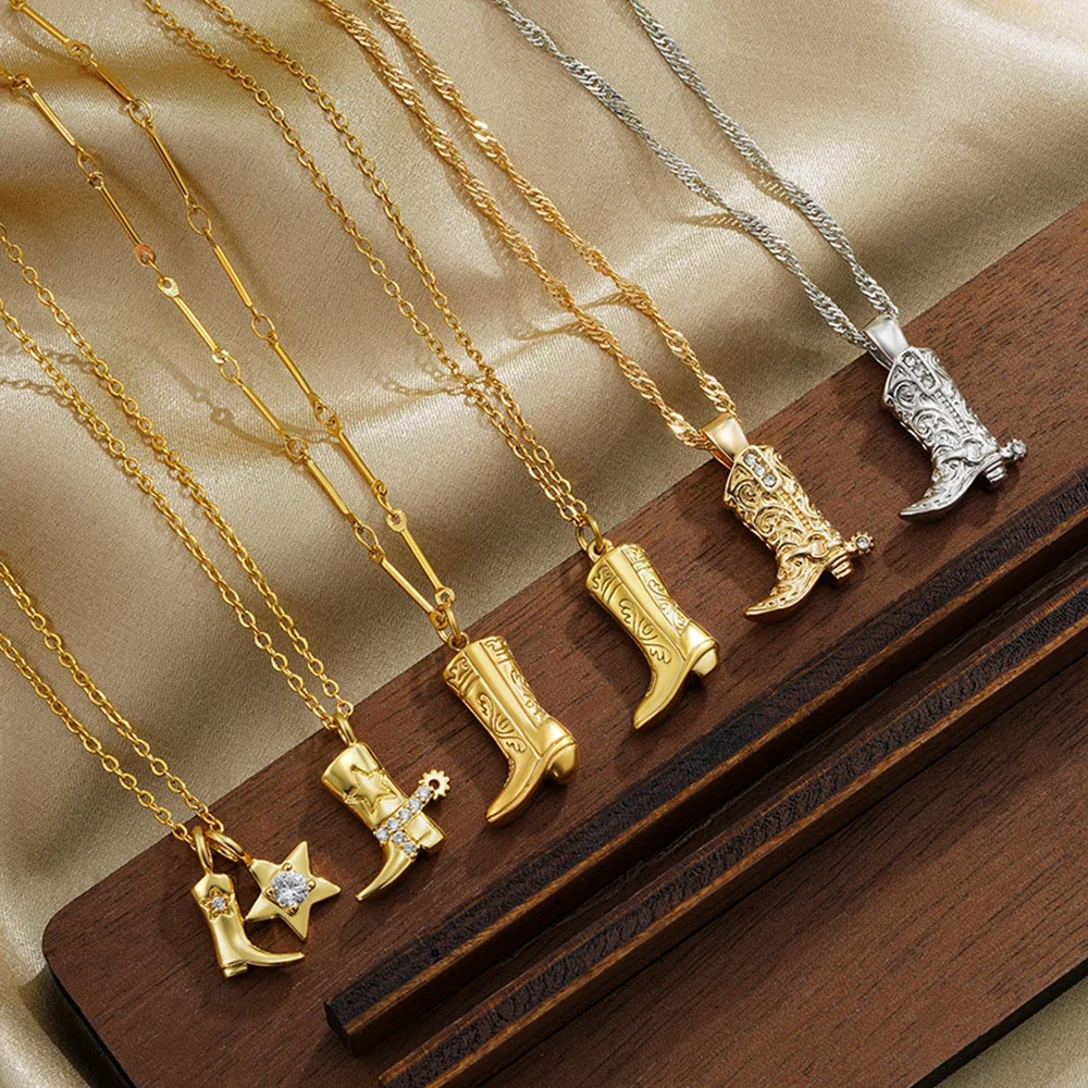 Halskette mit wasserdichtem Denim-Stiefel-Anhänger aus 316 Edelstahl, cooler Cowgirl-Cowboystiefelhut, 18 Karat vergoldet, Kragen-Halsketten, Geschenke Image