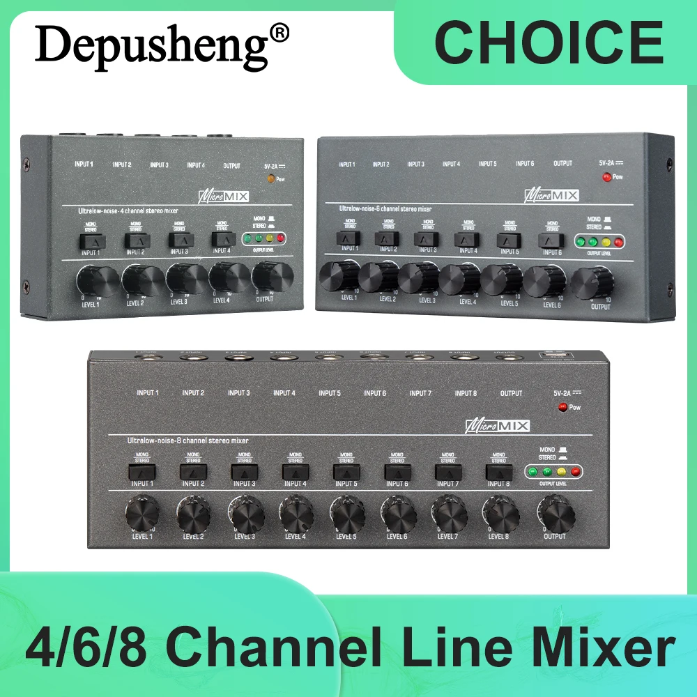 Verbesserter Depusheng Ultra Low Noise 4/6/8 Kanal Line Mixer Mini Sound Mixer Netzteil DC5V Einfache Bedienung Audios Mixer Image