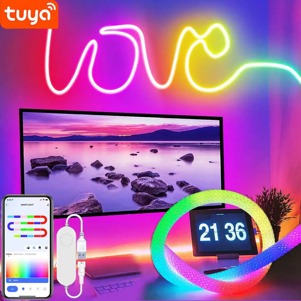 TUYA RGBIC Nylon Flexible Traum Bunte Lichtschlauch 360 Grad Runde Reticulate Neon LED Streifen Wasserdicht Für Schlafzimmer Wohnzimmer