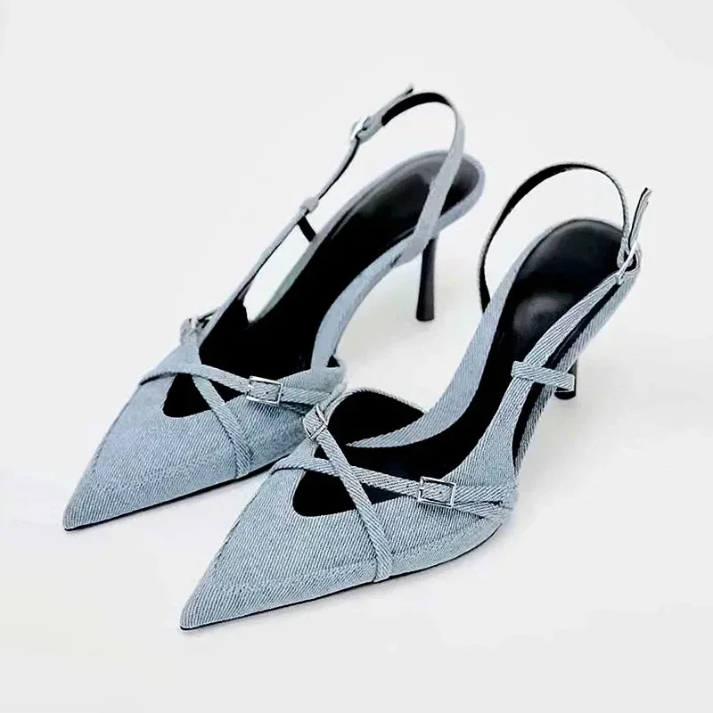 Sexy spitze Zehen-High-Heel-Sandalen für Damen, blaue Denim-Stilettos, modische Schnallenriemen, elegante Damenschuhe, 2025, Sommerschuhe
