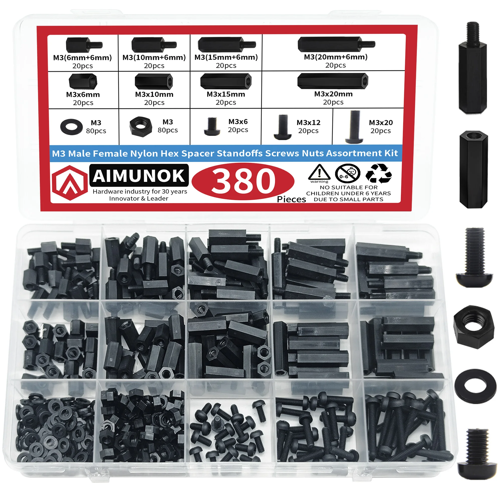 380 Stück M3 männlich weiblich Nylon Sechskant-Abstandshalter Schrauben Muttern Sortiment Kit zum Befestigen und Anti-Lösen, nicht leicht verformbar Image