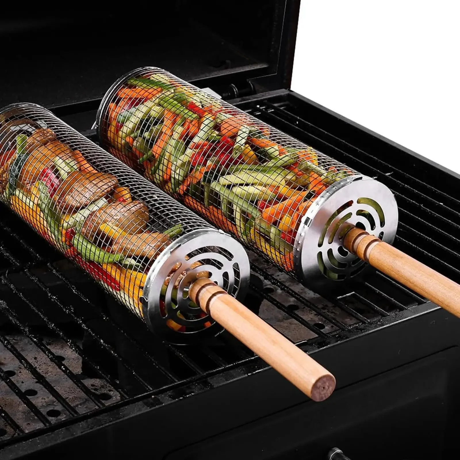 Grill rollender Grill korb mit Drehgriff Edelstahl reversibler Grill im Freien Camping Picknick Fisch Grill Werkzeug Grill Image