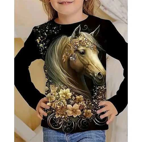Mädchen 3D Pferd T-Shirt Langarm Frühling Herbst Mode Basic Kinder 4-12 Jahre Rundhalsausschnitt Outdoor Lässig Täglich Normale Passform Image