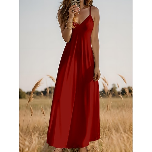 Damen Maxi Kleid Sommerkleid A-Linie Kleid Nachtkleid Urlaub Lässig Urlaub Alltag Strand Regelmäßige Passform Einfarbig Grafik Einfach Ärmellos V-Ausschnitt Schwarz Weiß Gelb Wein Sommer Frühling Image