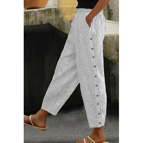 Damen Kunstbaumwollleinen Stoffhosen Hosen Hose Klassisch Lässig Volle Länge Natürliche Taille Gestreift Tasche Atmungsaktivität Weich Bequem Mikroelastisch Straße Alltagskleidung Hellhimmelblau Grau Image