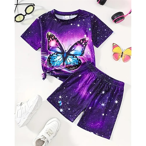 Mädchen 3D Schmetterling T-Shirt Shorts Set Kurzarm Sommer Frühling Sport Mode Täglich Kinder 4-12 Jahre Rundhalsausschnitt Outdoor Urlaub Sport Figurbetonter Schnitt Image