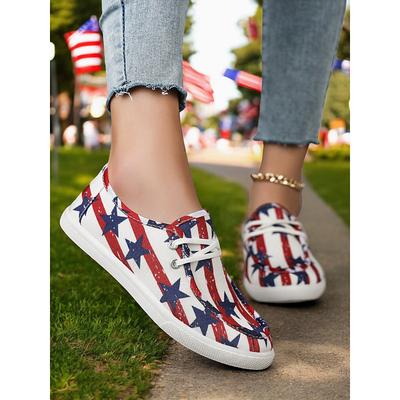 Women's American Flag Canvas Sneakers - Patriotic Lace-Up Casual Shoes for 4th of July, Travel Everyday Wear