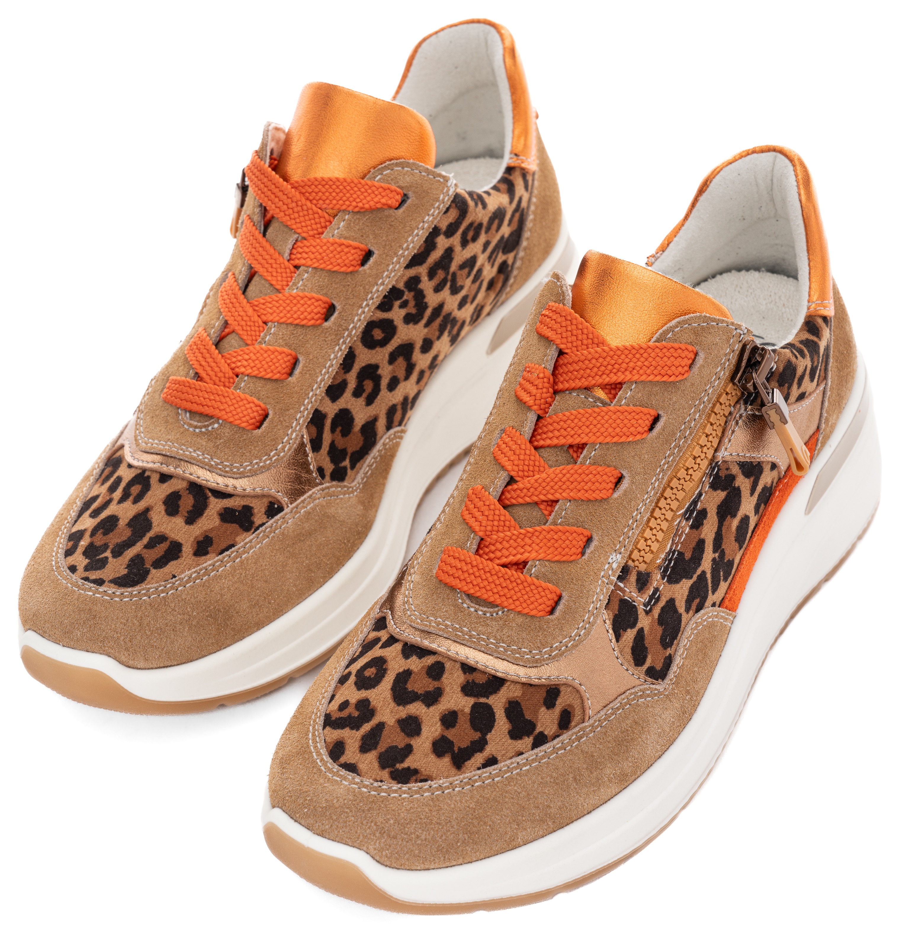 Keilsneaker ARA "GARDA", Damen, Gr. 6 (39), orange (beige, leo, orange), Glattleder, Veloursleder, animal-print, kontrastfarbene Details, Schuhe, Plateausneaker, Keilsneaker mit Wechselfußbett in H-Weite