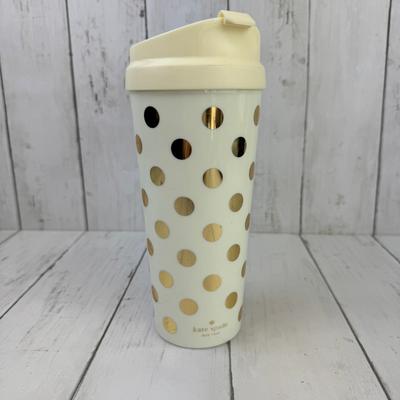 Kate Spade Dining | Kate Spade New York White/Gold Polka Dot Double Wall Acrylic Travel Coffee Mug | Color: Cream/Gold | Size: Os