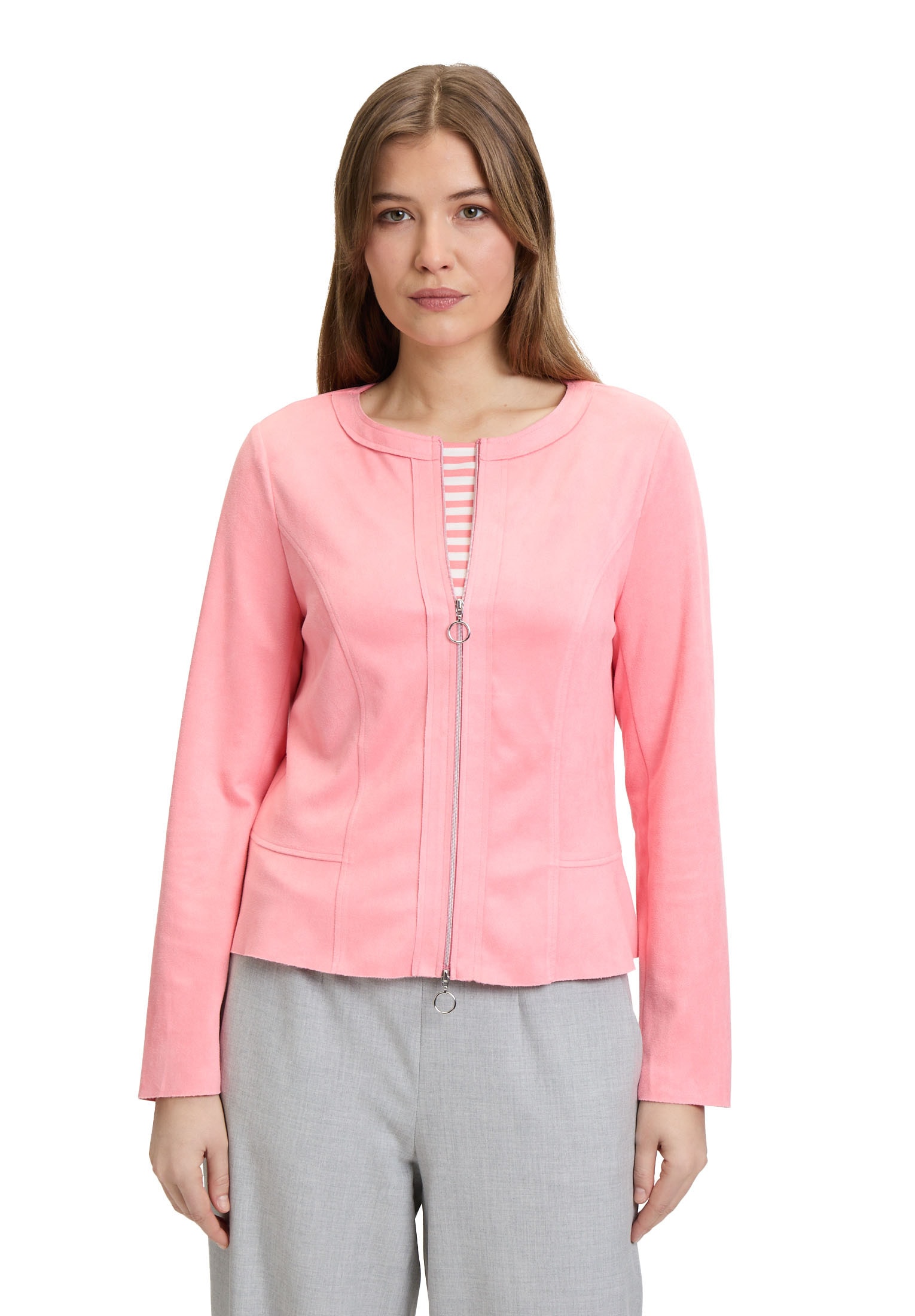 Jackenblazer BETTY BARCLAY "Damen Blazer-Jacke mit Reißverschluss", Damen, Gr. 42, pink (flamingo pink), Samt, Obermaterial: 92% Polyester, 8% Elasthan., sehr schmal normal, Rundhals, Blazer, Material Image