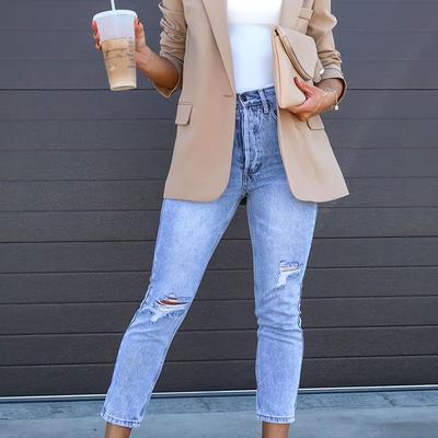 TEMU Women's Casual Beige Blazer With Pockets - Chic Long Sleeve, Polyester, Button Closure, Work Or Coffee Image