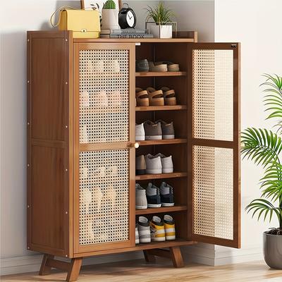 TEMU Space-saving Bamboo Shoe Rack With Dustproof Doors - 5/7 Tier Entryway Organizer, Adjustable Shelves For Living Room & Hallway