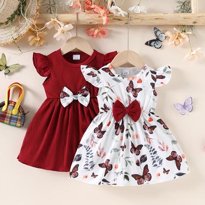 TEMU 2pcs Adorable Bow Baby Girl Dresses - Floral Print With Ruffle Sleeves, Knee-length For Girls, Dress