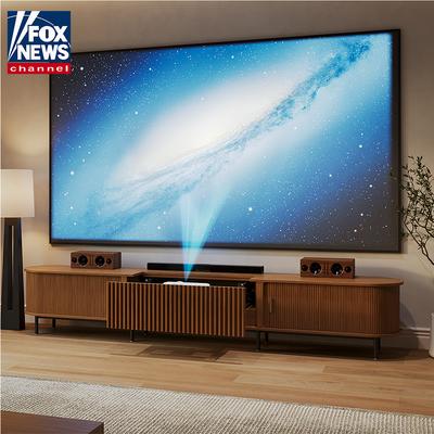 126" Mid-Century Modern Electric TV Stand with Ultra-short Throw Projector Cabinet , Single-Click Auto-Extend/Retract Feature, Linkable to Projector, Vertical Slatted Design, Walnut Color