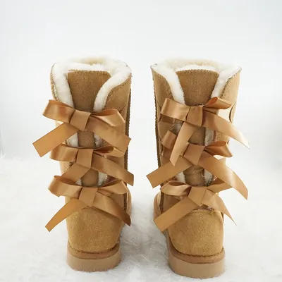 New Arrival Winter Bow Tie Girl High Boots Genuine Leather Woman Snow Boots Thick Plush Boots Women's Shoes Warm Shoes