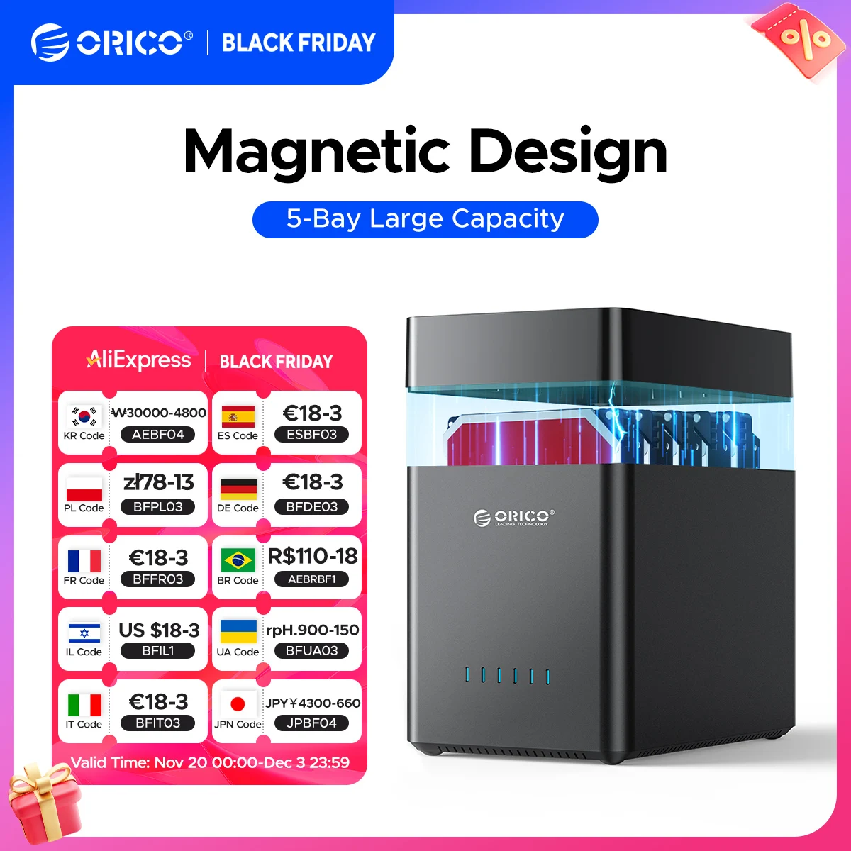 ORICO DS500 Serie 5-Bay 3,5'' Typ-C-Festplattengehäuse Magnetisches SATA3.0-Festplattengehäuse 12 V 6,5 A für Altcoins-Mining-Gamer Image