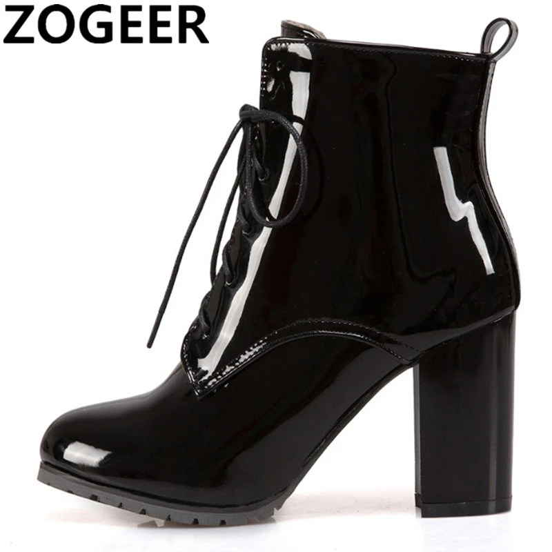 Modische Stiefeletten für Damen, Winterschuhe, Block-High-Heels, Lackleder, Schnürung, kurzer Damenstiefel, Blau, Rot, Schwarz, große Größe 45, 46