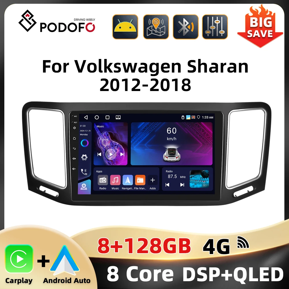 Podofo 8Core 9'' Car Stereo For Volkswagen Sharan 2012-2018 Multimedia Player Carplay Android Auto WIFI 4G Mirror Link RDS FM Image