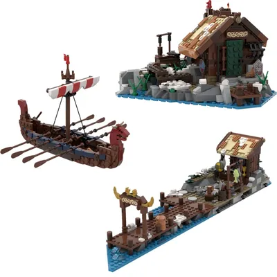 MOC mittelalterliche Straßenszene Wikinger Erweiterungshütte Fischerhütte DIY kreative Retro Image