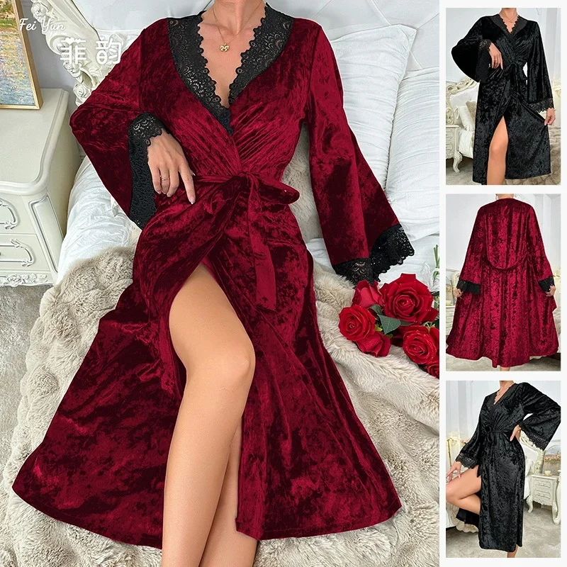 Frühling Neue Weibliche Schwarz Robe Loungewear Sexy Spitze Trim Kimono Bademantel Kleid Dessous Lose Velour Hause Dressing Kleid Schlaf Tragen Image