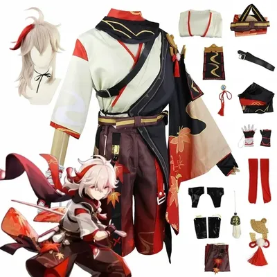 Genshin Impact Kaedehara Kazuha Cosplay Kostüm Halloween Karneval Samurai Kostüm Perücke Rote Brille Image
