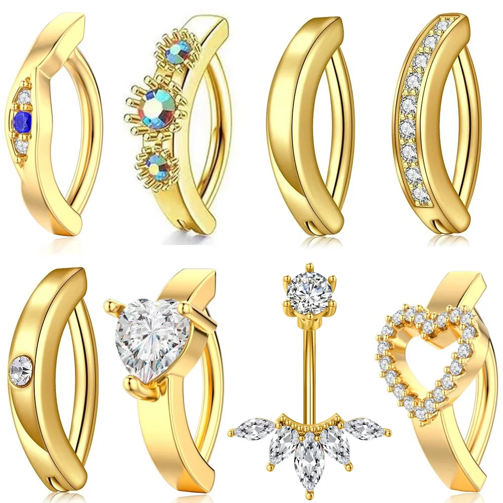 Goldfarbener, umgekehrter Clicker-Bauchnabelring, 14 g chirurgischer Stahl, Herz, Schmetterling, Blume, Augenform, Zirkon, gebogenes Nabelpiercing Image