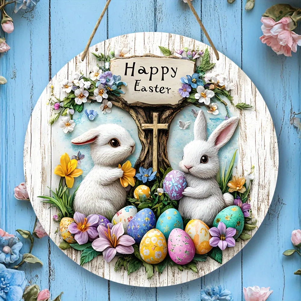 1-teiliges Bauernhaus-Osterlogo mit Kaninchen- und eierrunder Wanddekoration aus Holz, 7,87 x 7,87 Zoll, rustikale Veranda-Dekoration