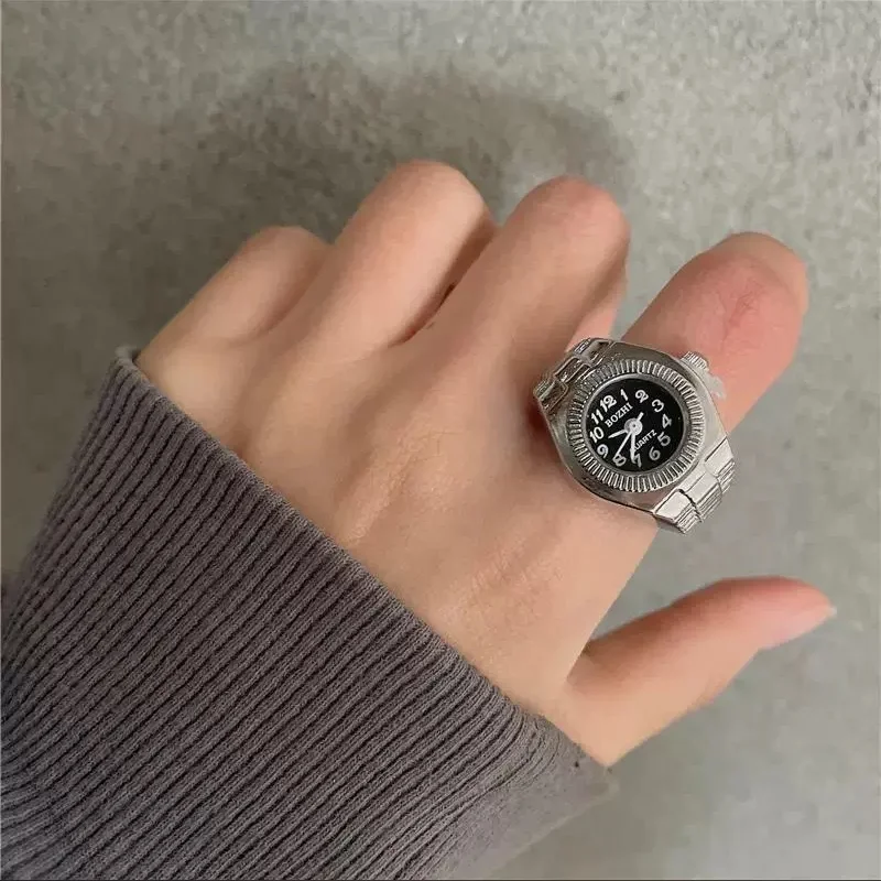 Neue Y2K Vintage Punk Quarz Finger Uhr Ring für Frauen Männer Mini Legierung Elastische Stretchy Ringe Mode Retro Schmuck Uhr Geschenk Image