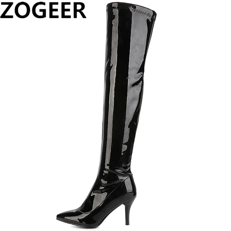 Oberschenkelhohe Stiefel für Damen, Rot, Weiß, Schwarz, modischer OverKnees-Stiefel, Patent, sexy Reißverschluss, Nachtclub, Tanz, Dame, lange Schuhe, große Größe 48