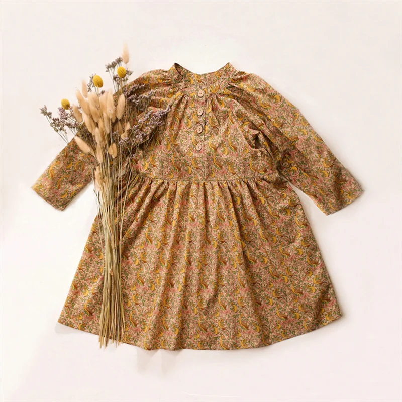 Vintage Floral Kinder Mädchen Kleider Baumwolle Langarm Baby Mädchen Kleid Frühling Kleinkind Kleidung für 1-6 Jahre Image