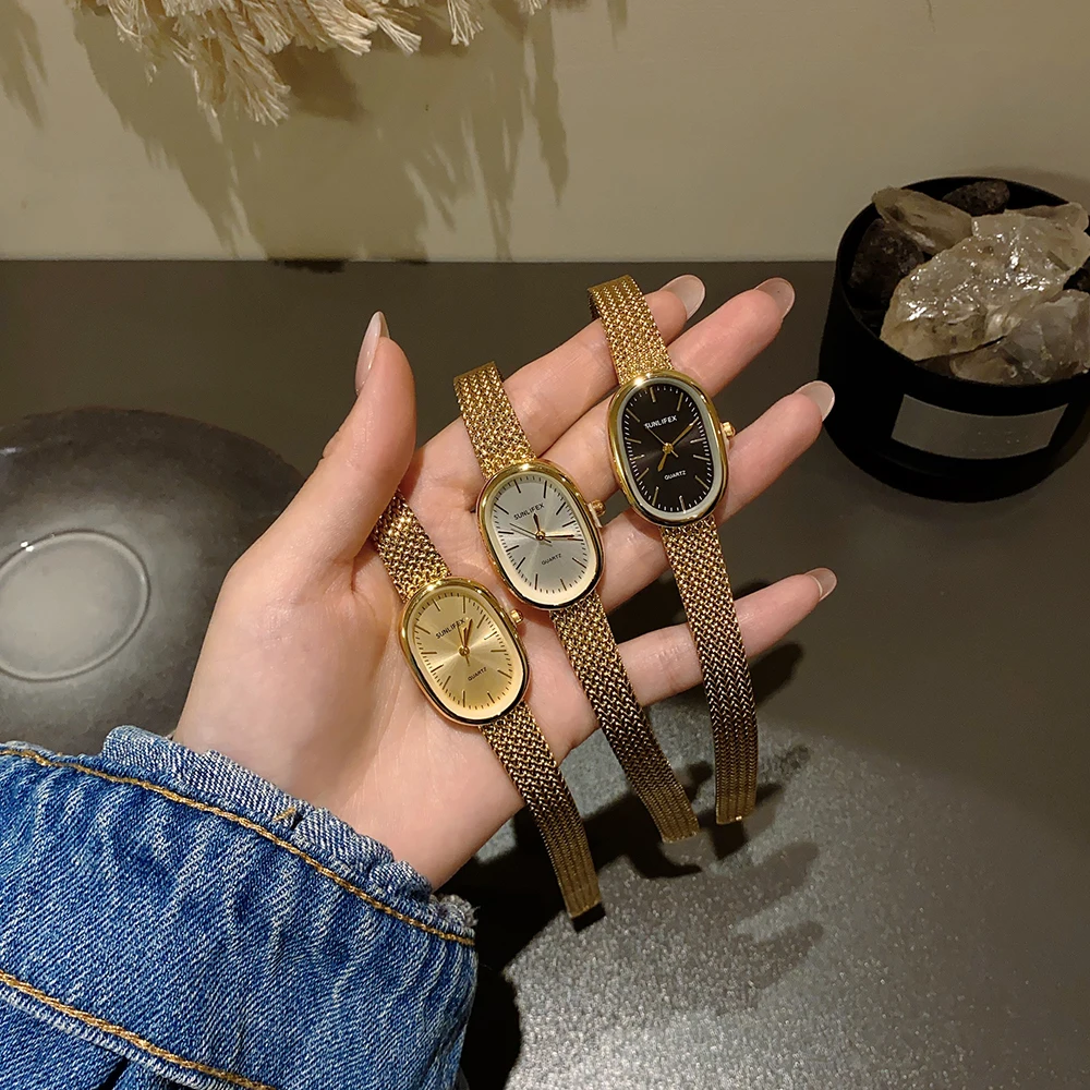 Golduhren für Damen, Vintage-Armbanduhr, luxuriöse kleine ovale Damen-Quarzuhr