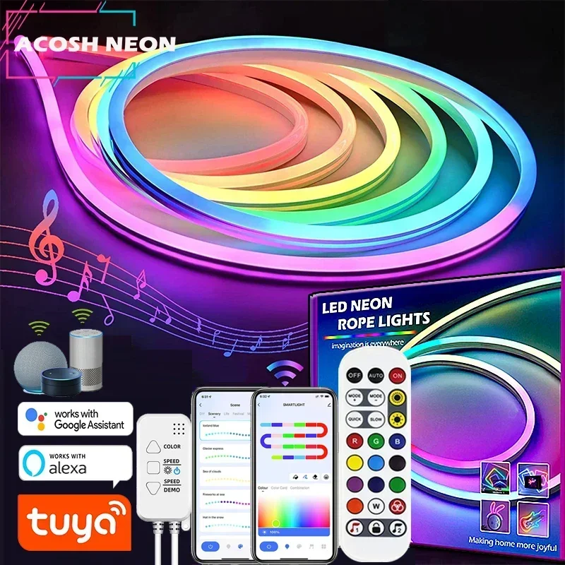 TUYA Neon-LED-Streifenlichter, 12–24 V, 84 LEDs/m, WIFI, Neon-Lichtschlauch mit Musik-Synchronisierung, RGBIC, Dreamcolor-Jackungsstreifenband für Zimmer