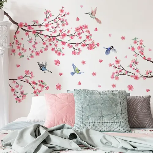 Autocollants muraux branche et oiseau fleur de cerisier, papier peint auto-adhésif fleur de pêche,