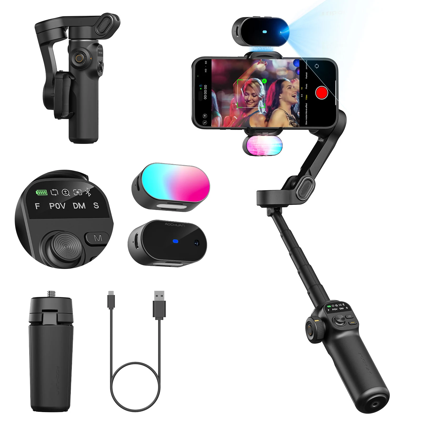 AOCHUAN Stabilisateur de cardan intelligent X2 avec rallonge intégrée et écran LED pour iPhone et smartphone Android Gimbal noir