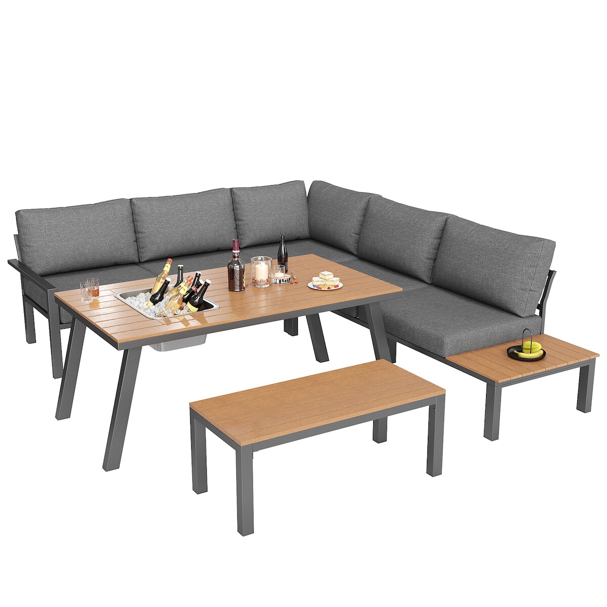 Merax Gartenloungeset 7 Personen, Gartenmöbelsets Gartengarnitur 5-tlg., Doppelsofa, Ecksofa, Bank, Gartentisch mit Eiskübel, Balkonmöbel Set, Grau Image