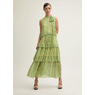 Kristin Italian Straw Multi Blossom Print Tiered Georgette Dress, Yellow
