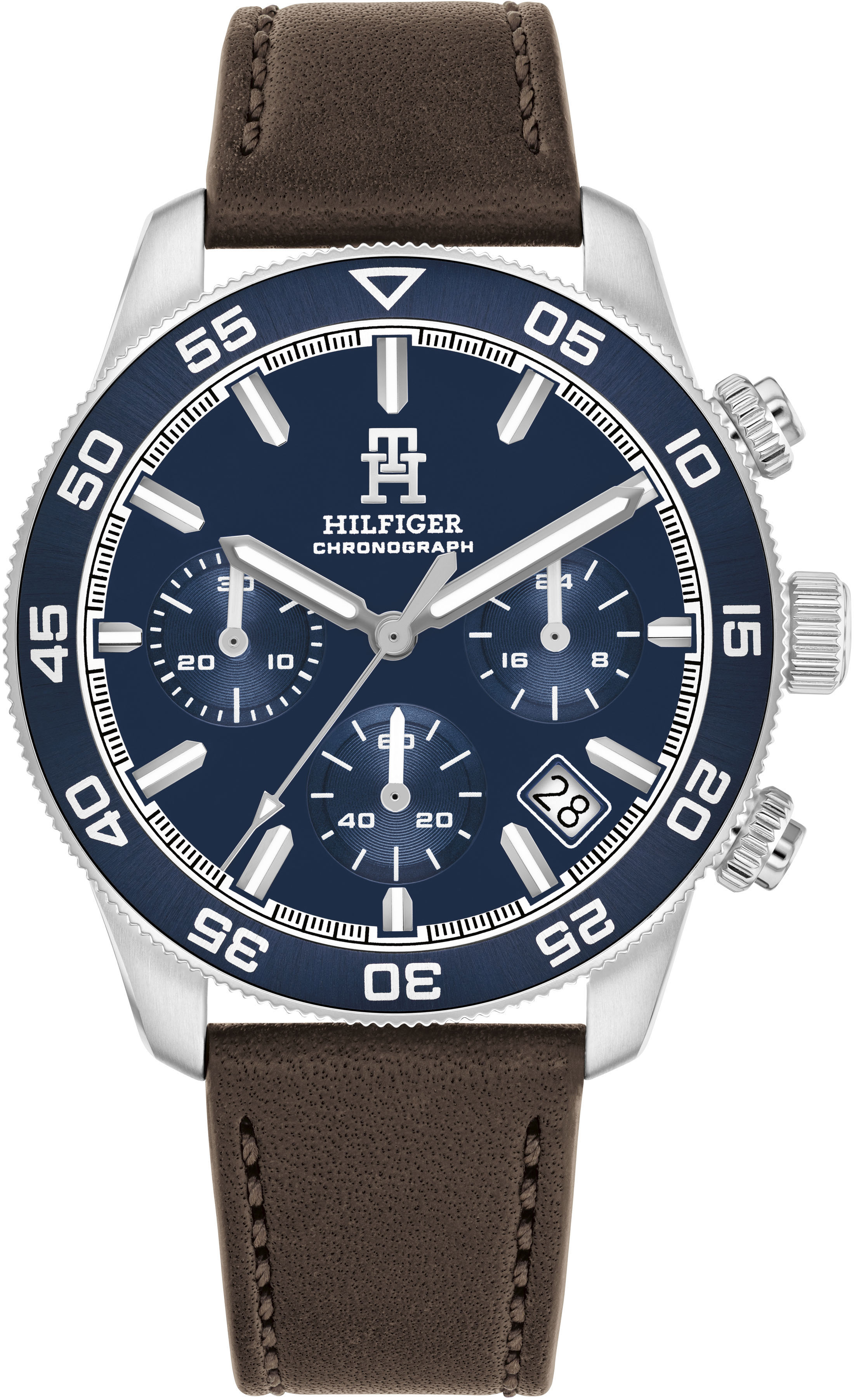 Chronograph TOMMY HILFIGER "TH85 CHRONOGRAPH", braun (braun, dunkelblau), Armbanduhren, Kinder, Chronograph, Quarzuhr, Armbanduhr, Herrenuhr, Lederarmband, analog, Tag