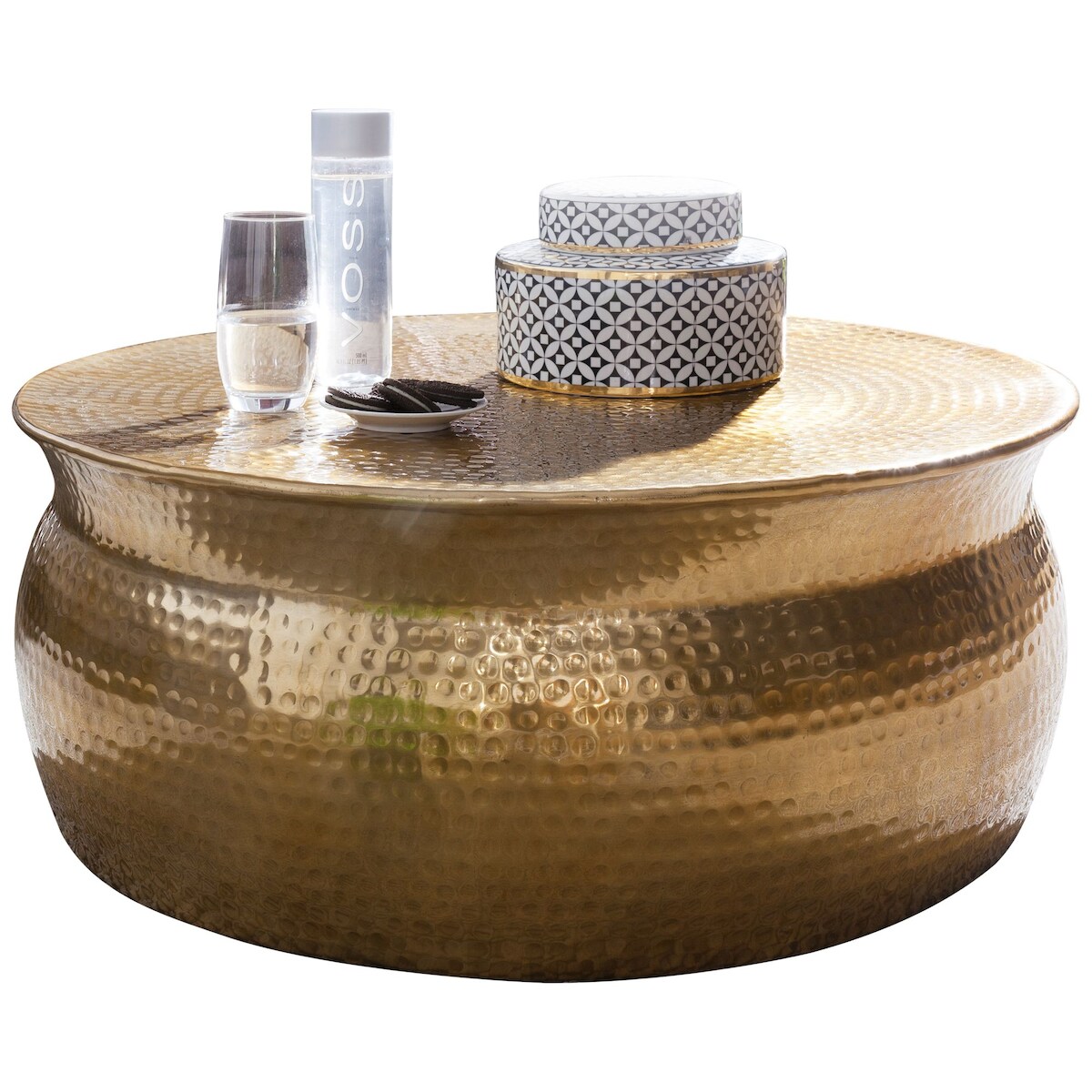 KADIMA DESIGN Couchtisch 75x31x75 cm Aluminium Gold Beistelltisch orientalisch rund, Flacher Hammerschlag Sofatisch Metall, Design Wohnzimmertisch modern, Image