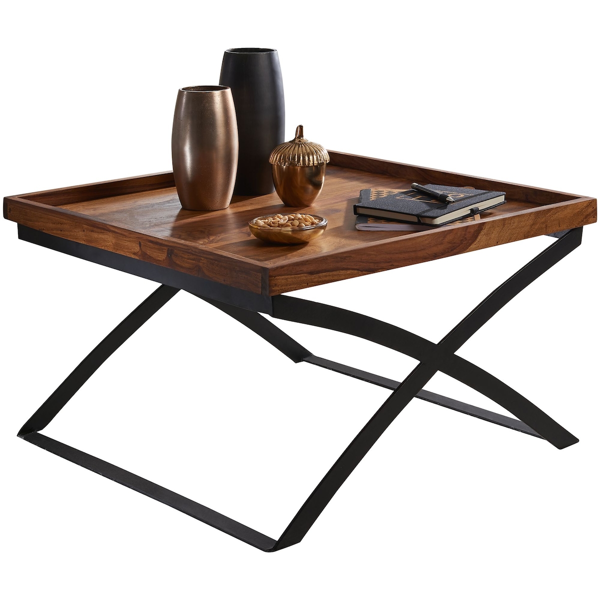 KADIMA DESIGN Couchtisch WL5.595 63x39x63cm Sheesham Massivholz / Metall Sofatisch, Design Wohnzimmertisch Industrial Style, Stubentisch Braun/Schwarz, Designer Image