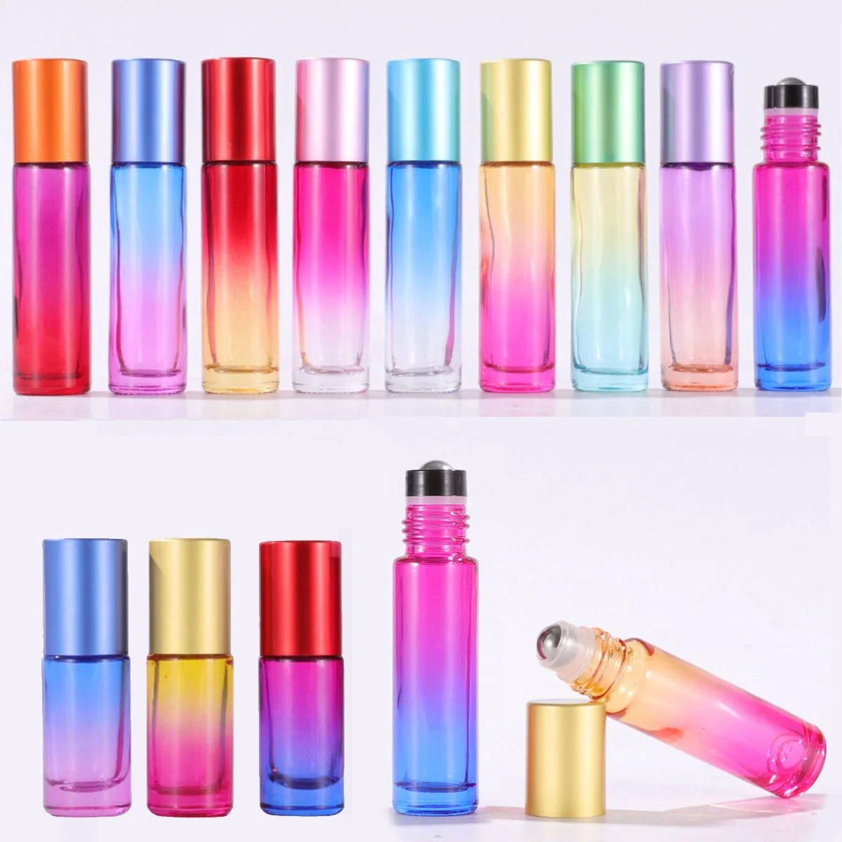 1 x 10 x 20 x 10 ml Farbverlauf, nachfüllbare Glas-Rollerflaschen für ätherische Öle mit Metallrollerball für Duftparfüm Image