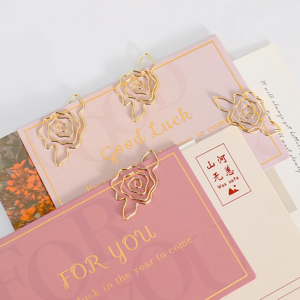 10 Stück Gold Rose Blume Büroklammer Großhandel Metall Diy Blume Planer Schreibwaren Lesezeichen Geschenk geformte Büroklammern Image