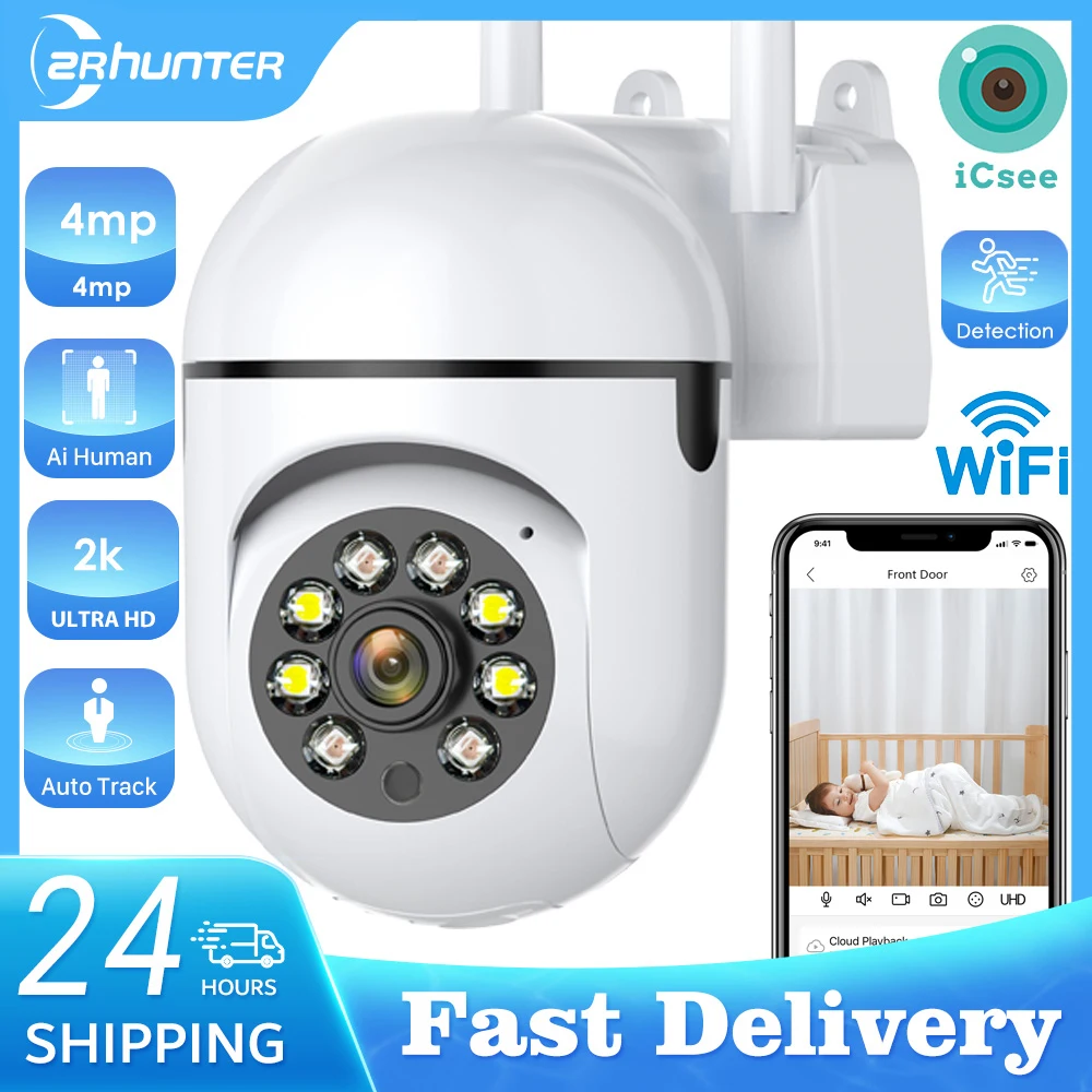4MP Outdoor Wifi Kamera 2K HD Sicherheit PTZ IP Kamera AI Auto Erkennen Tracking Indoor Baby Nacht Farbe kamera Überwachung ICSee Image