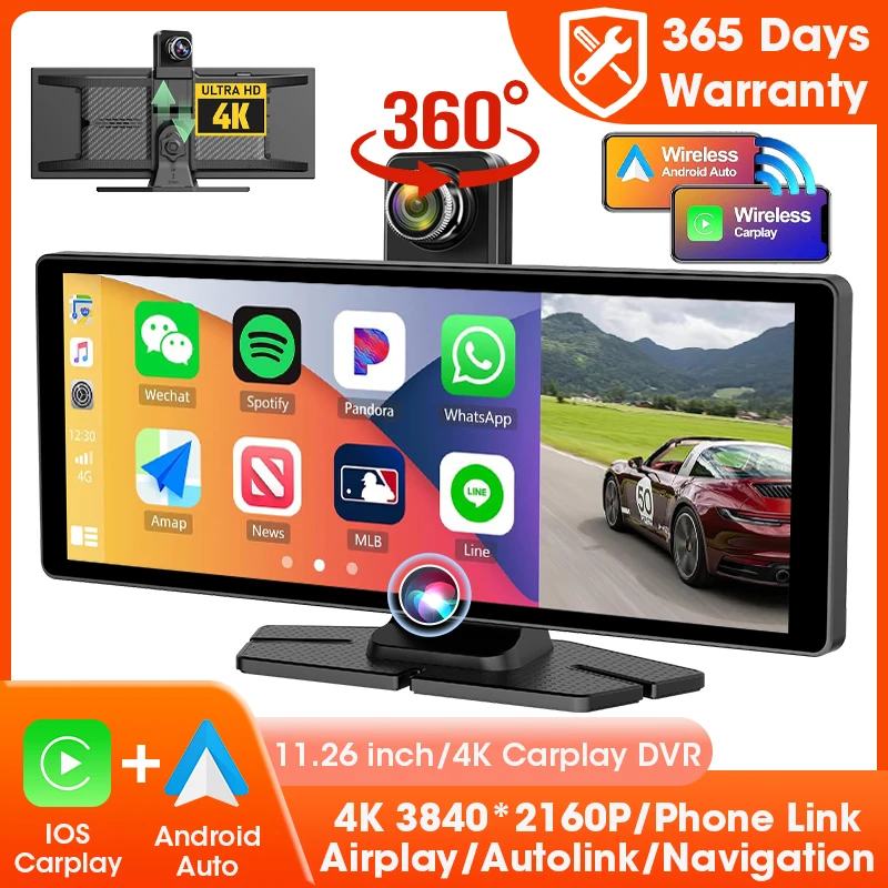  7/11,26 Zoll 4K Dashcam Auto DVR Wireless Carplay Android Auto 360 ° Rotierende Linse GPS-Navigation Bluetooth Dashboard-Videorecorder Image