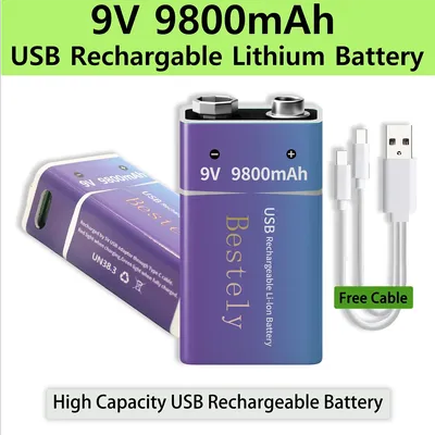 2025New 9V 9800mAh Lithium ion Rechargeable Battery Long Lasting Li-ion Batteries with Cable for Smoke Detector Microphone Alarm